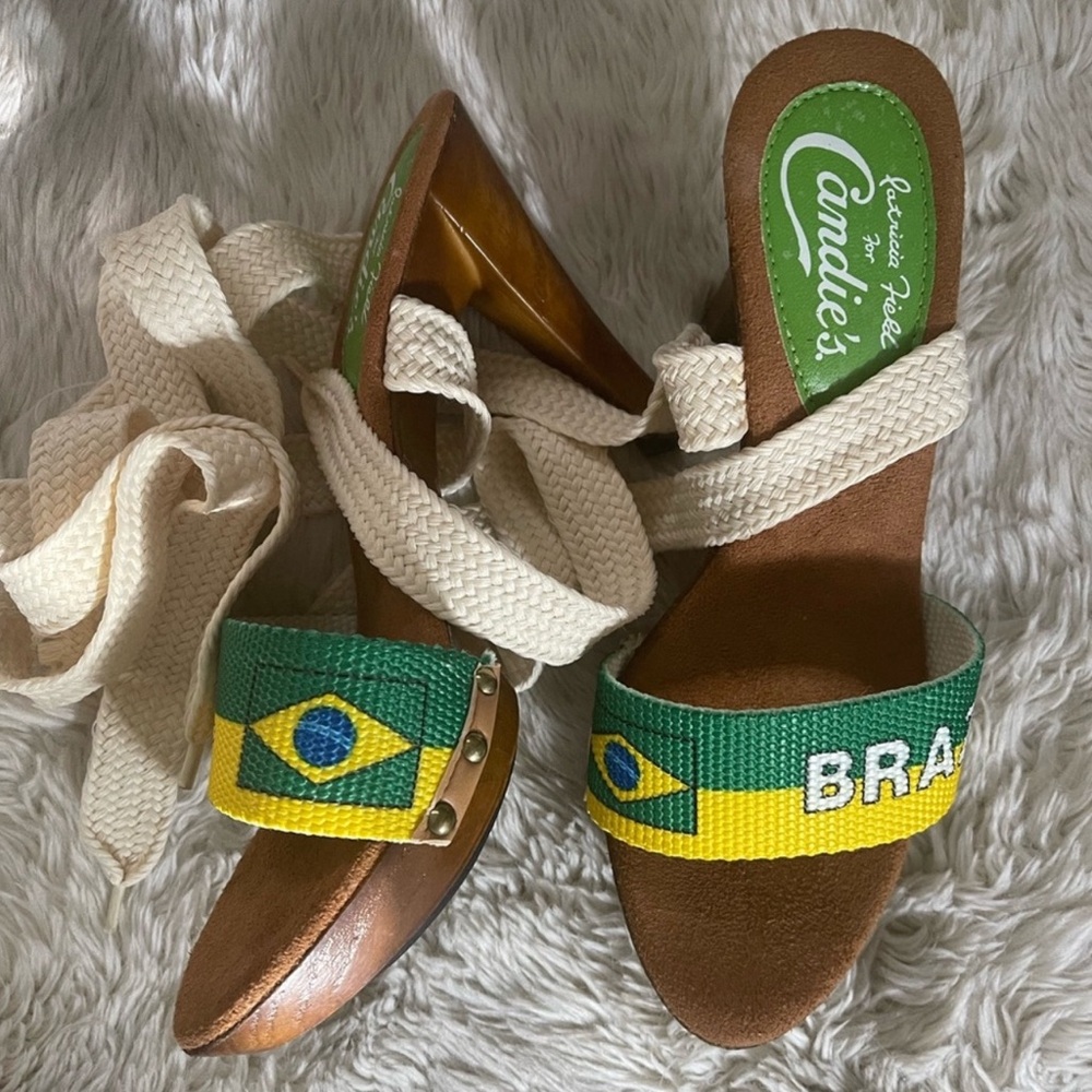Rare Brand New Vintage Patricia Field for Candie’s Wood Ankle Wrap Heels Brazil
